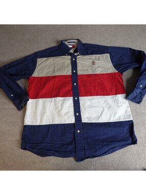 Tommy Hilfiger Mens Shirt Medium Color Block Embroidered Vintage